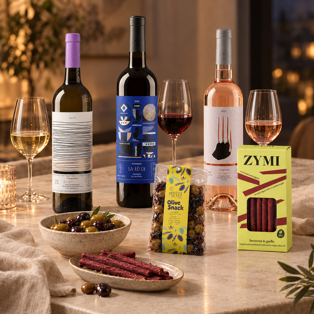 Eleganter griechischer Weinabend mit Verkostungsgläsern und warmer Abendbeleuchtung