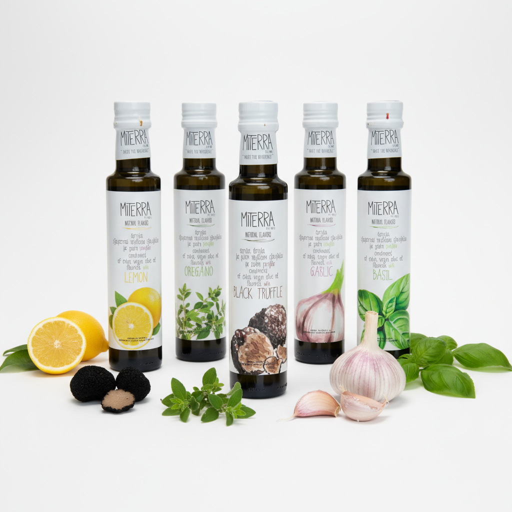Fünf Flaschen Miterra Extra-Natives-Olivenöl mit natürlichen Aromen – Zitrone, Oregano, Trüffel, Knoblauch und Basilikum