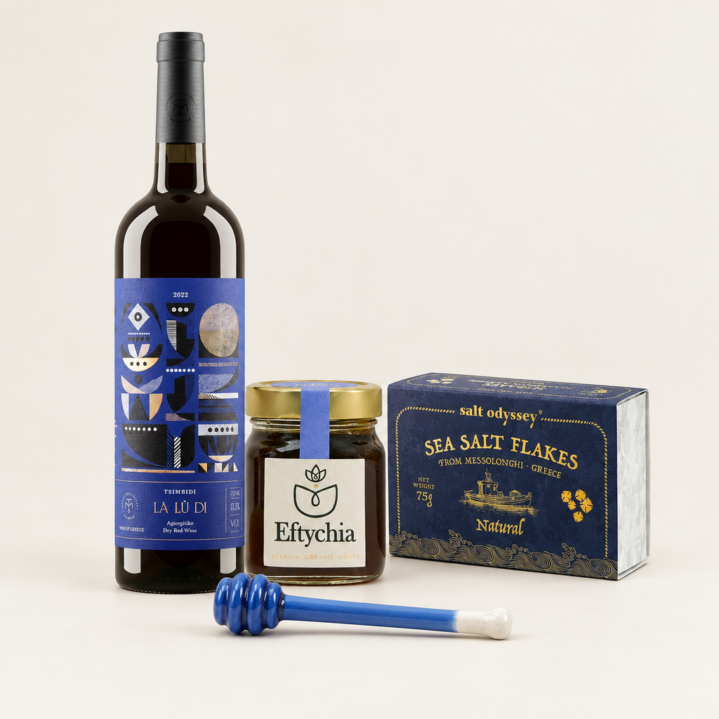 Titelbild der kleinen Geschenkbox mit Honig, Laloudi Rotwein, Salzflocken und Keramik-Honiglöffel