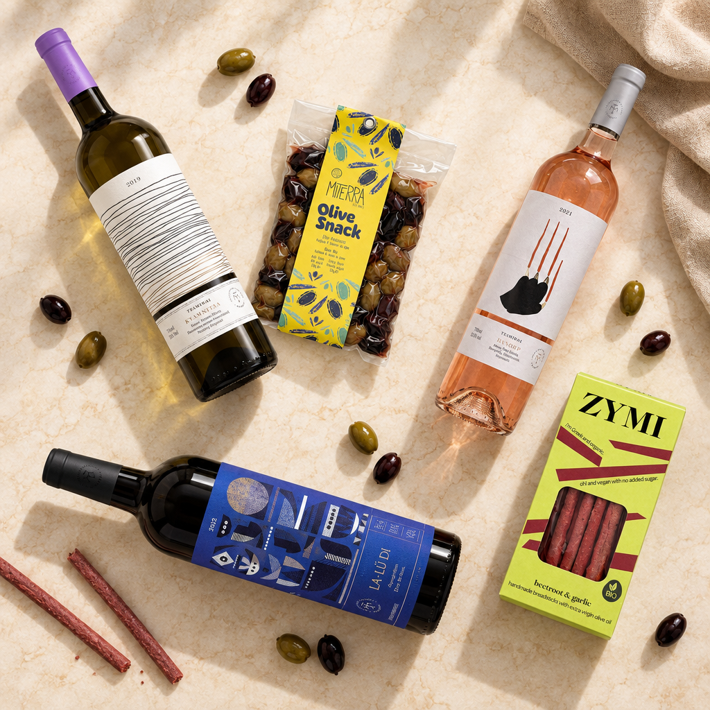 Weinabend Set mit drei griechischen Weinen, Oliven und Grissini